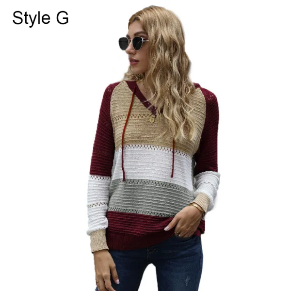 Fashion Fall Winter Casual Multi-Colors Stripe Knitting Hooded Sweatshirts 2021 Loose Long Sleeve Women Tops