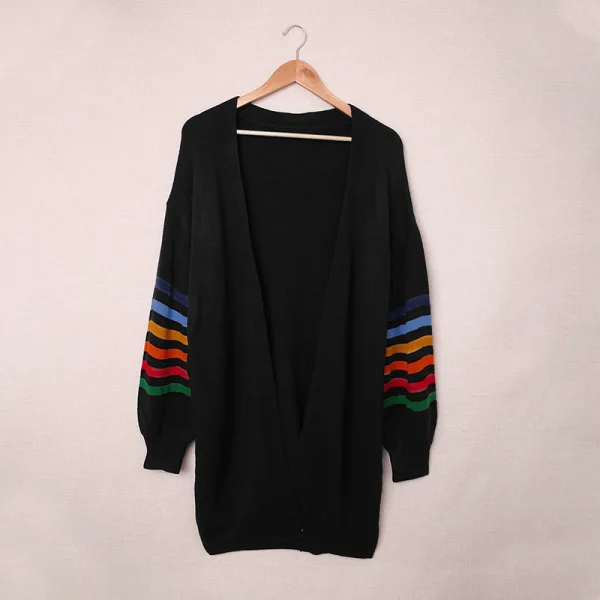 Chic / Beautiful Fall Winter Black Street Wear Knitting Coats & Jackets Multi-Colors Stripe 2021 Loose Long Sleeve Women Tops