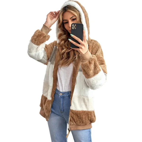 Fashion Fall Winter Street Wear Khaki Patchwork Plush Hooded Coats & Jackets 2021 Long Sleeve Women Tops