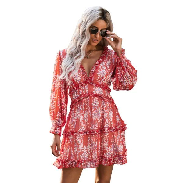 Sexy Sommer Resort-Kleidung Weiß Blumen Damen Kleider 2021 Chiffon V-Ausschnitt Lange Ärmel Rückenfreies Lose