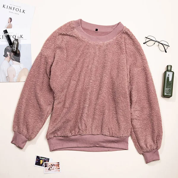 Comfortable Casual Fall Winter Candy Pink Plush Sweatshirts 2021 Scoop Neck Loose Long Sleeve Women Tops