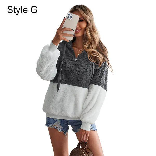 Fashion Fall Winter Street Wear Grey Plush Sweatshirts 2021 Loose V-Neck Long Sleeve Women Tops