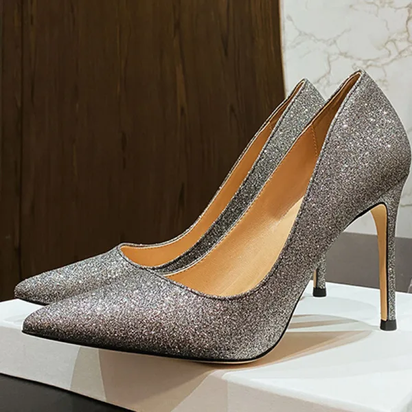Sparkly Silver Evening Party Sequins Pumps 2021 Leather 10 cm Stiletto Heels Pointed Toe Pumps High Heels