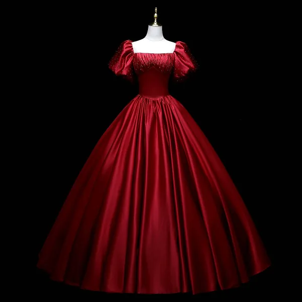 Vintage / Retro Ball Gown Green Satin Prom Dresses 2021 Square Neckline Short Sleeve Backless Floor-Length / Long Formal Dresses