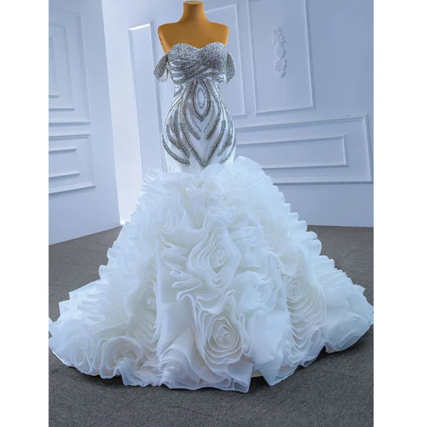 Luxury / Gorgeous High-end White Beading Rhinestone Cascading Ruffles Wedding Dresses 2021 Trumpet / Mermaid Off-The-Shoulder Sleeveless Backless Chapel Train Wedding