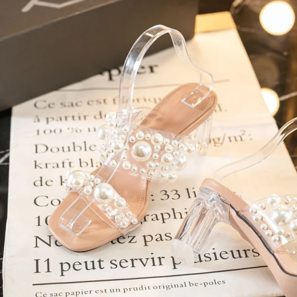 Sexy Yellow Street Wear Pearl Womens Sandals 2021 6 cm Crystal Thick Heels Open / Peep Toe Sandals High Heels
