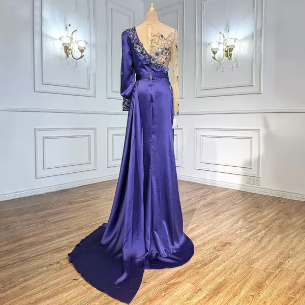 High-end Burgundy Handmade  Beading Pearl Rhinestone Evening Dresses 2021 Trumpet / Mermaid Scoop Neck Satin Long Sleeve Sweep Train Evening Party Formal Dresses