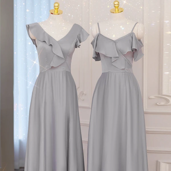 Modest / Simple Grey Satin Bridesmaid Dresses 2021 A-Line / Princess Spaghetti Straps Short Sleeve Backless Tea-length Wedding Party Dresses
