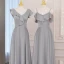 Modest / Simple Grey Satin Bridesmaid Dresses 2021 A-Line / Princess Spaghetti Straps Short Sleeve Backless Tea-length Wedding Party Dresses