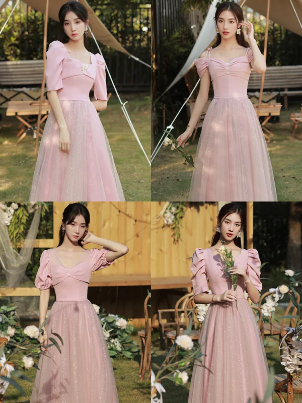 Chic / Belle Rose Bonbon Perle Robe Demoiselle D'honneur 2021 Princesse Manches Courtes Dos Nu Paillettes Longue Robe Pour Mariage