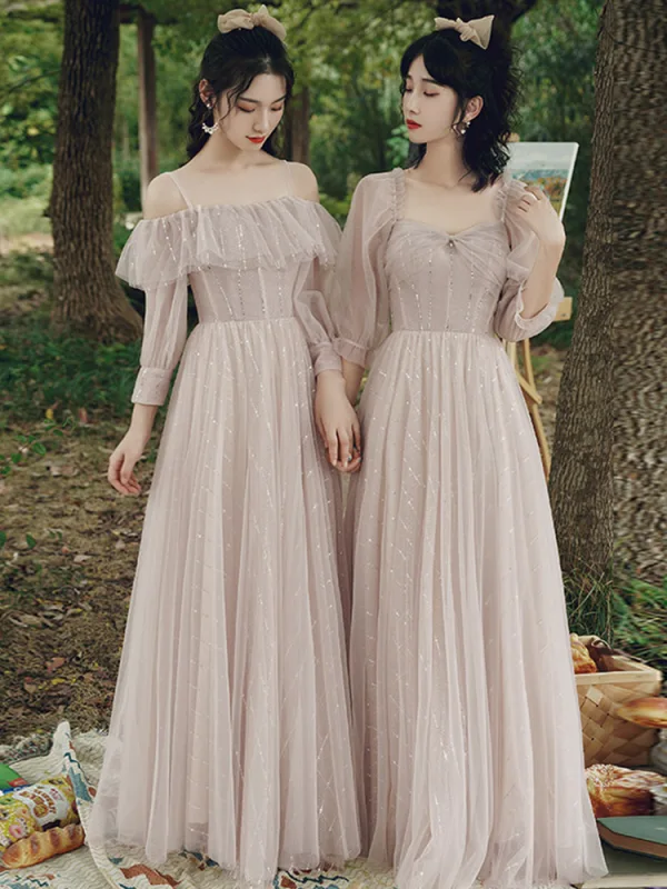 Modest / Simple Dusky Pink Sequins Bridesmaid Dresses 2021 A-Line / Princess Short Sleeve Backless Floor-Length / Long Wedding Party Dresses