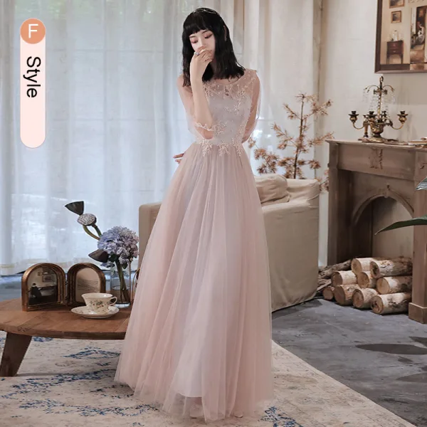 Chic / Beautiful Grey Pearl Lace Flower Bridesmaid Dresses 2021 A-Line / Princess Short Sleeve Backless Floor-Length / Long Bridesmaid Wedding Party Dresses