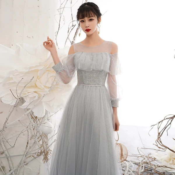 Chic / Beautiful Silver Grey Sequins Bridesmaid Dresses 2021 A-Line / Princess Short Sleeve Backless Sash Floor-Length / Long Wedding Party Dresses