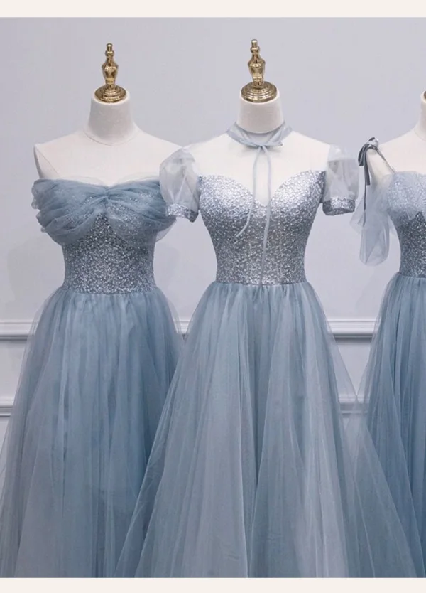 Schöne Himmelblau Perlenstickerei Pailletten Brautjungfernkleider 2021 A Linie Kurze Ärmel Rückenfreies Lange Kleider Für Hochzeit