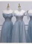 Schöne Himmelblau Perlenstickerei Pailletten Brautjungfernkleider 2021 A Linie Kurze Ärmel Rückenfreies Lange Kleider Für Hochzeit