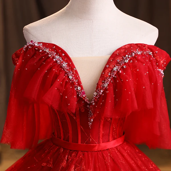 Charmant Bordeaux Paillettes Robe De Bal 2021 Robe Boule Bustier Manches Courtes Dos Nu Perlage Ceinture Longue Promo Robe De Ceremonie