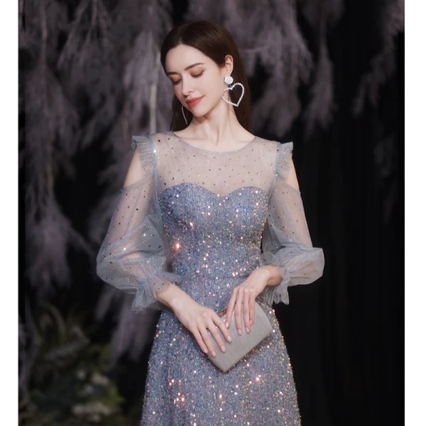 Sparkly Sky Blue Beading Sequins Evening Dresses 2021 A-Line / Princess Scoop Neck 3/4 Sleeve Evening Party Floor-Length / Long Formal Dresses