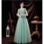 Chic / Beautiful Mint Green Prom Dresses 2021 A-Line / Princess V-Neck Bell sleeves Backless Pearl Sequins Lace Flower Floor-Length / Long Formal Dresses