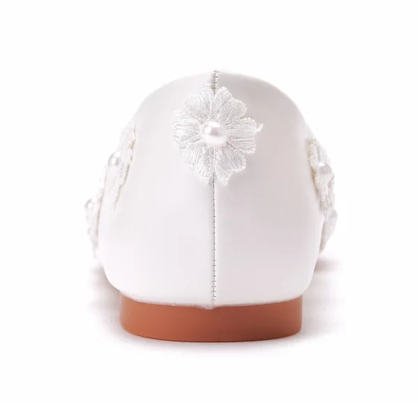 Elegant Hvit Perle Blonder Blomst Flate Brudesko 2021 Spisse Brudesko