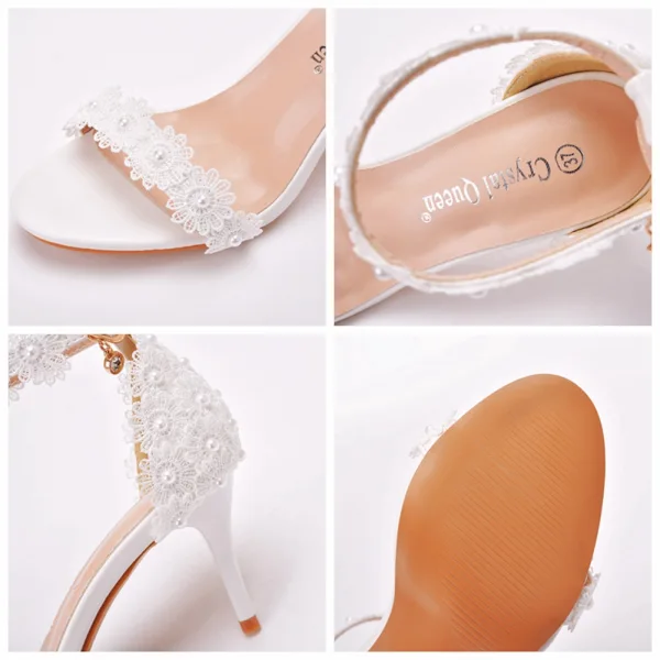Charming White Pearl Lace Flower Wedding Shoes 2021 7 cm Stiletto Heels Open / Peep Toe Wedding Sandals High Heels