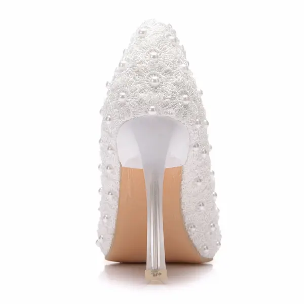 Elegant White Pearl Lace Flower Wedding Shoes 2021 9 cm Stiletto Heels Pointed Toe Wedding Pumps High Heels