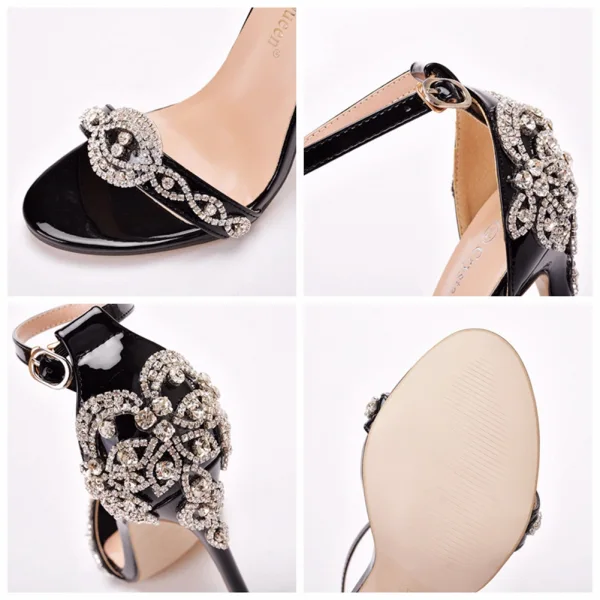 Sexy Black Evening Party Womens Sandals 2021 11 cm Stiletto Heels Ankle Strap Rhinestone Open / Peep Toe Womens Sandals High Heels