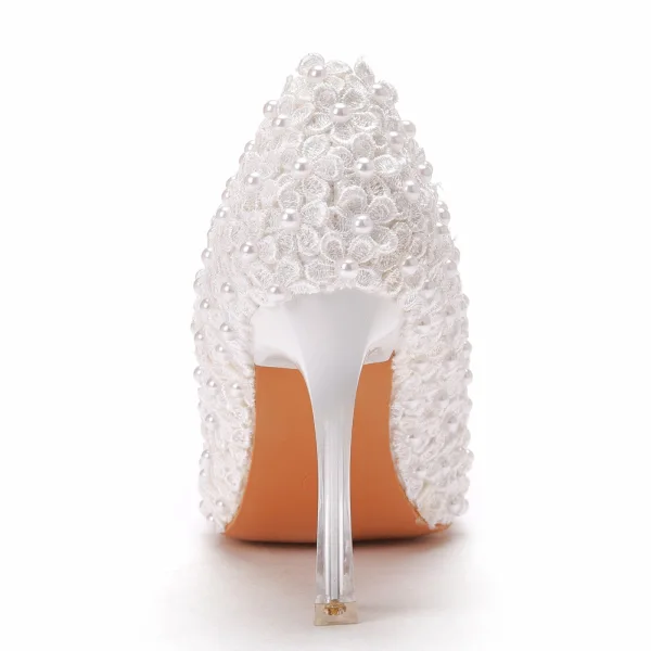 Elegant Lace Flower Pearl White Wedding Shoes 2021 9 cm Stiletto Heels Pointed Toe Wedding Pumps High Heels