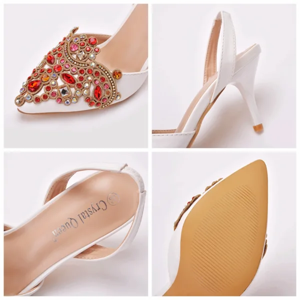 Charmant Weiß Strass Brautschuhe 2021 7 cm Stilettos Spitzschuh Hochzeit Sandaletten Hochhackige