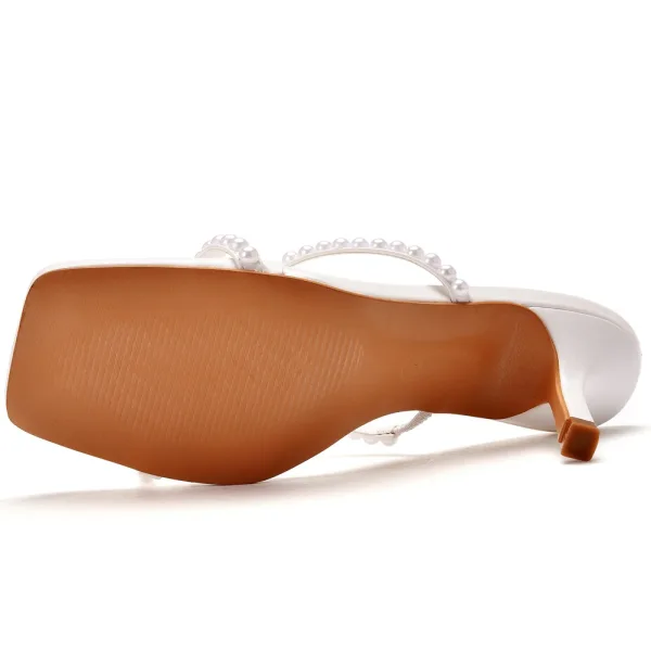 Sexy Blanche Cocktail Soirée Perle Sandales Femme 2021 7 cm Talons Aiguilles Peep Toes / Bout Ouvert Sandales Talons Hauts
