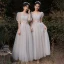 Chic / Beautiful Grey Bridesmaid Dresses 2021 A-Line / Princess Scoop Neck Lace Flower 1/2 Sleeves Backless Floor-Length / Long Bridesmaid Wedding Party Dresses