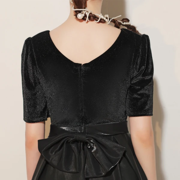 Elegant Black Birthday Suede Party Dresses Flower Girl Dresses 2021 A-Line / Princess Square Neckline Short Sleeve Floor-Length / Long Backless Bow Flower Girl Dresses
