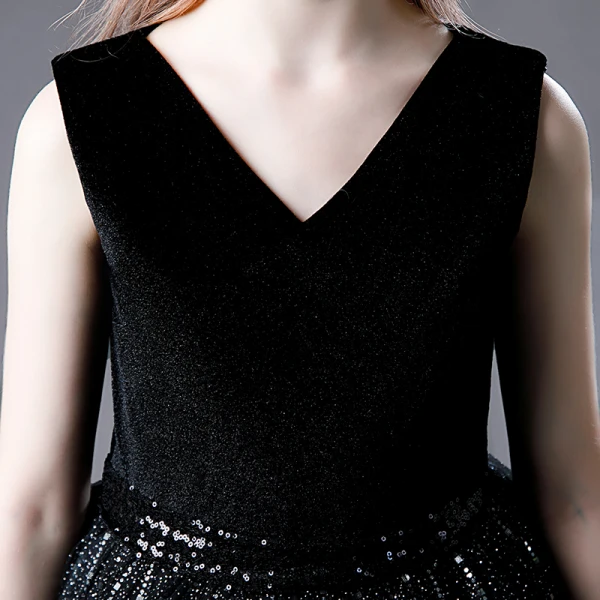 Charming Black Sequins Birthday Flower Girl Dresses Party Dresses 2021 Ball Gown V-Neck Sleeveless Floor-Length / Long Flower Girl Dresses