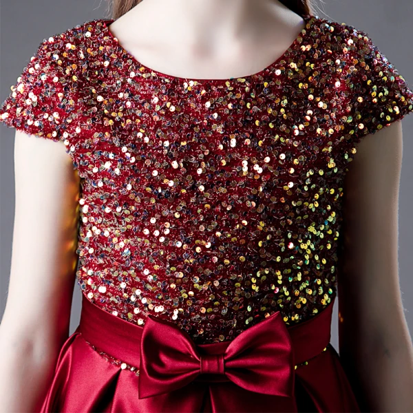 Charming Burgundy Party Dresses Flower Girl Dresses 2021 A-Line / Princess Scoop Neck Satin Short Sleeve Bow Sash Sequins Birthday Floor-Length / Long Flower Girl Dresses