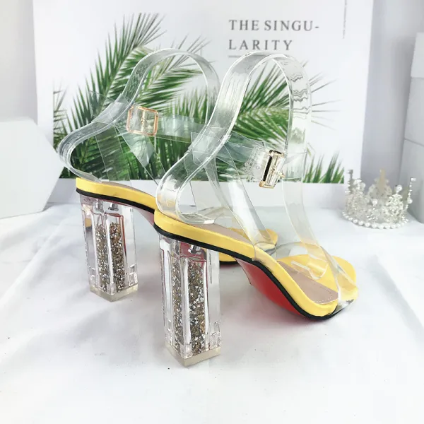 Sexy Transparent Ocean Blue Crystal Womens Sandals 2021 Street Wear Ankle Strap 10 cm Stiletto Heels Open / Peep Toe Womens Sandals High Heels