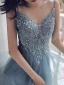 Chic / Belle Bleu Ciel Volants en Cascade Robe De Bal 2021 Princesse Bretelles Spaghetti Perlage En Dentelle Fleur Sans Manches Dos Nu Longue Promo Robe De Ceremonie