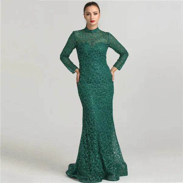 Haut de Gamme Noire Robe De Soirée 2021 Trompette / Sirène Col Haut Fait main Perlage Paillettes Ceinture Manches Longues Longue Soirée Robe De Ceremonie