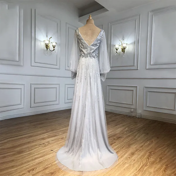 Charmant High End Beige Abendkleider 2021 A Linie V-Ausschnitt Perlenstickerei Strass Pailletten Lange Ärmel Rückenfreies Sweep / Pinsel Zug Abend Festliche Kleider