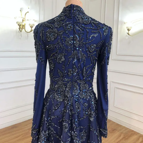 High-end Navy Blue Handmade  Beading Rhinestone Evening Dresses 2021 A-Line / Princess High Neck Long Sleeve Floor-Length / Long Evening Party Formal Dresses