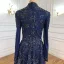 High-end Navy Blue Handmade  Beading Rhinestone Evening Dresses 2021 A-Line / Princess High Neck Long Sleeve Floor-Length / Long Evening Party Formal Dresses