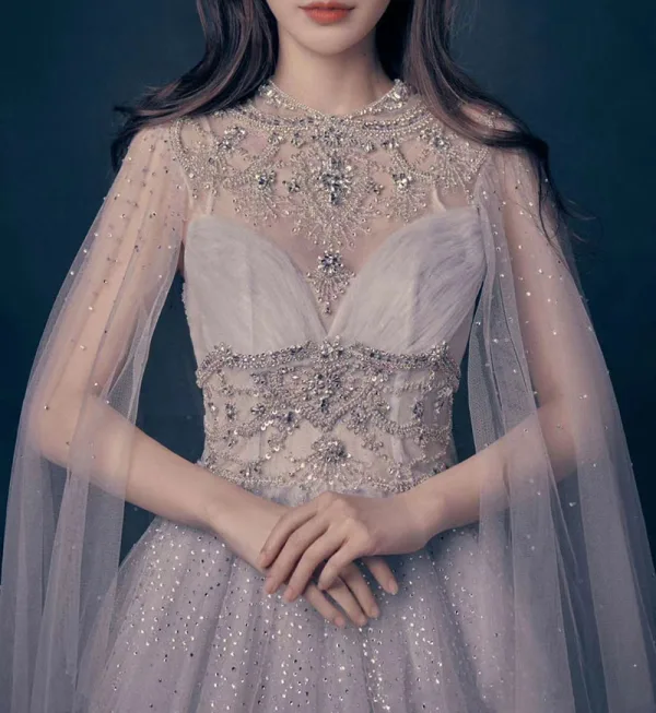 Luxury / Gorgeous High-end Grey Beading Sequins Rhinestone Evening Dresses 2021 A-Line / Princess Scoop Neck Short Sleeve Evening Party Sweep Train Formal Dresses