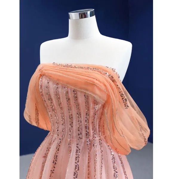 High-end Pearl Pink Beading Rhinestone Sequins Prom Dresses 2021 A-Line / Princess Off-The-Shoulder Short Sleeve Backless Prom Floor-Length / Long Formal Dresses