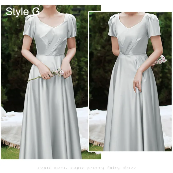 Modest / Simple Olive Green Satin Bridesmaid Dresses 2021 A-Line / Princess Short Sleeve Backless Floor-Length / Long Wedding Party Dresses