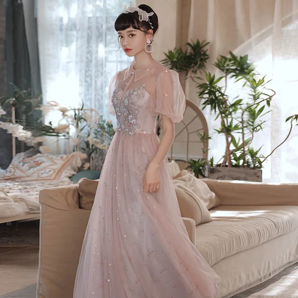 Fashion Blushing Pink Bridesmaid Dresses 2021 A-Line / Princess Beading Pearl Sequins Lace Flower Short Sleeve Backless Floor-Length / Long Wedding Party Dresses