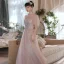 Fashion Blushing Pink Bridesmaid Dresses 2021 A-Line / Princess Beading Pearl Sequins Lace Flower Short Sleeve Backless Floor-Length / Long Wedding Party Dresses