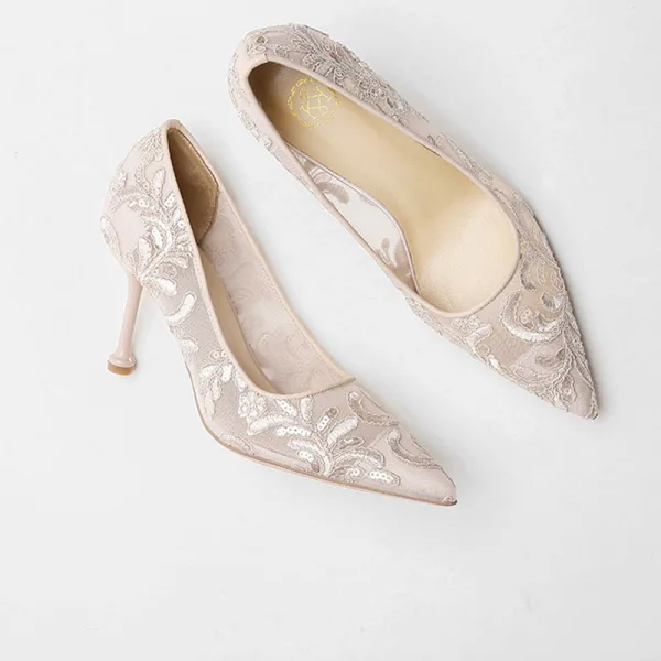 Chic / Beautiful Champagne Lace Flower Wedding Shoes 2021 8 cm Stiletto Heels Pointed Toe Wedding Pumps High Heels