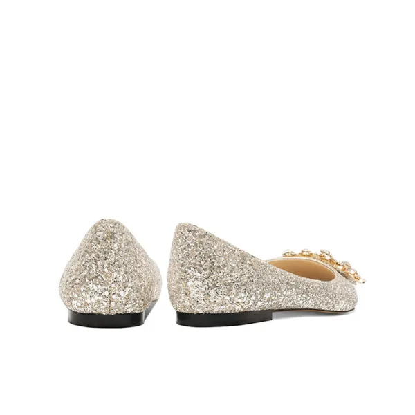 Glittrande Guld Rhinestone Paljetter Platt Brudskor 2022 Spetsiga Bröllop Klackskor