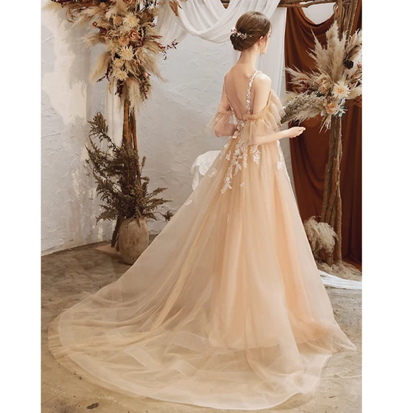 Modern / Fashion Grey Prom Dresses 2021 A-Line / Princess Halter Beading Lace Flower Short Sleeve Backless Sweep Train Prom Formal Dresses
