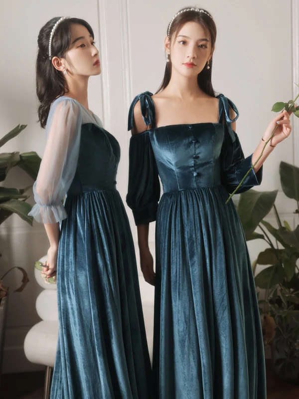 Modest / Simple Ink Blue Suede Bridesmaid Dresses 2022 A-Line / Princess V-Neck Short Sleeve Backless Floor-Length / Long Wedding Party Dresses