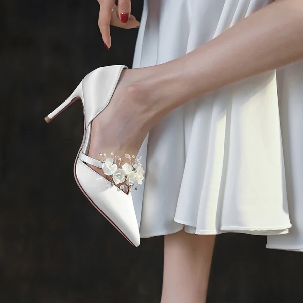 Charming White Pearl Appliques Wedding Shoes 2022 Leather 12 cm Stiletto Heels Pointed Toe Wedding Shoes High Heels
