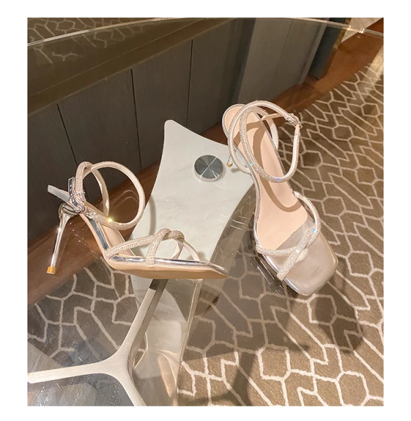 Sexy Silver Rhinestone Cocktail Party Evening Party Womens Sandals 2022 Leather Ankle Strap 9 cm Stiletto Heels Open / Peep Toe Sandals High Heels